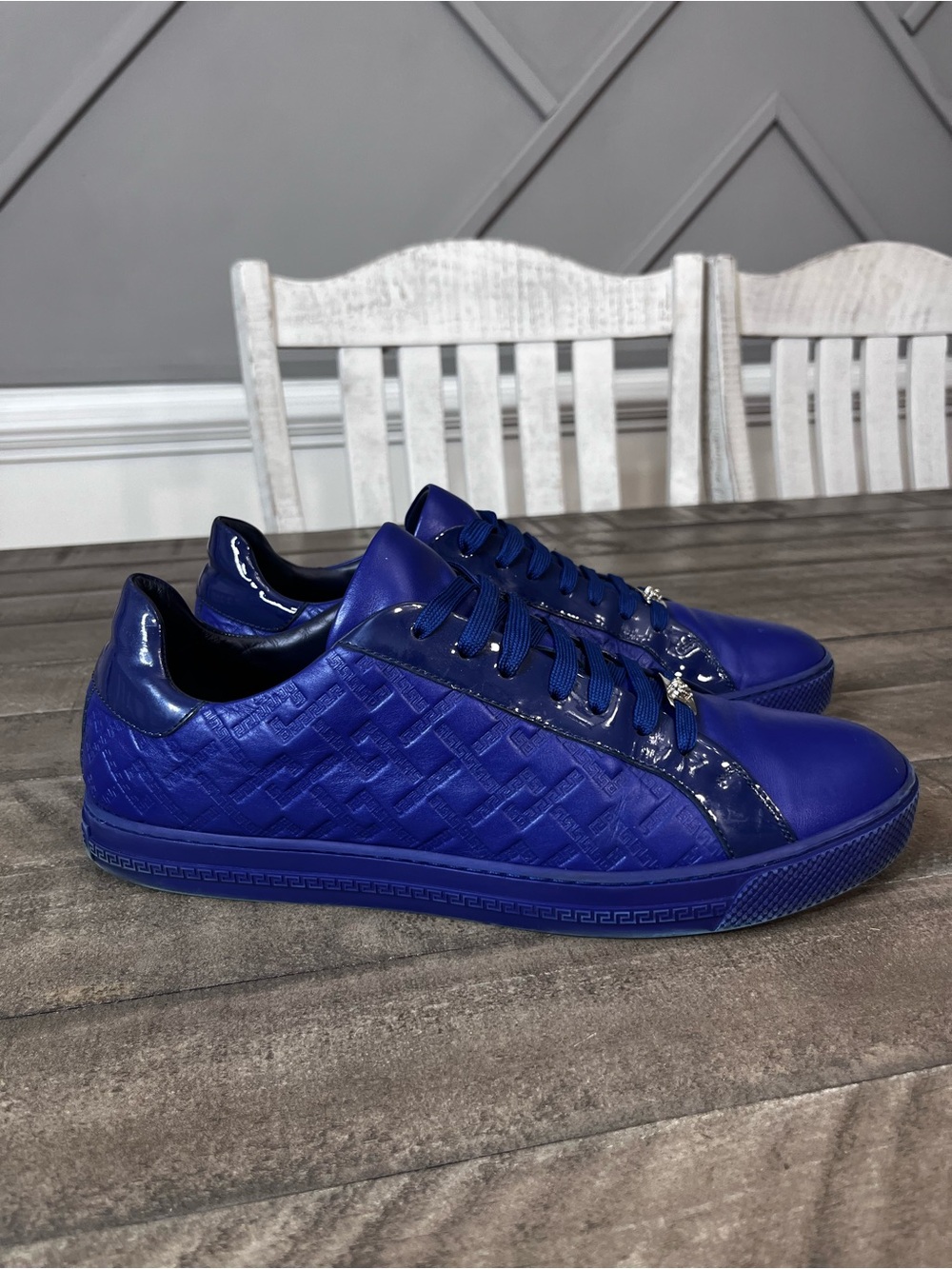 Versace Greca Pattern Leather Royal Blue Mens Sz 12 - Picture 2 of 7